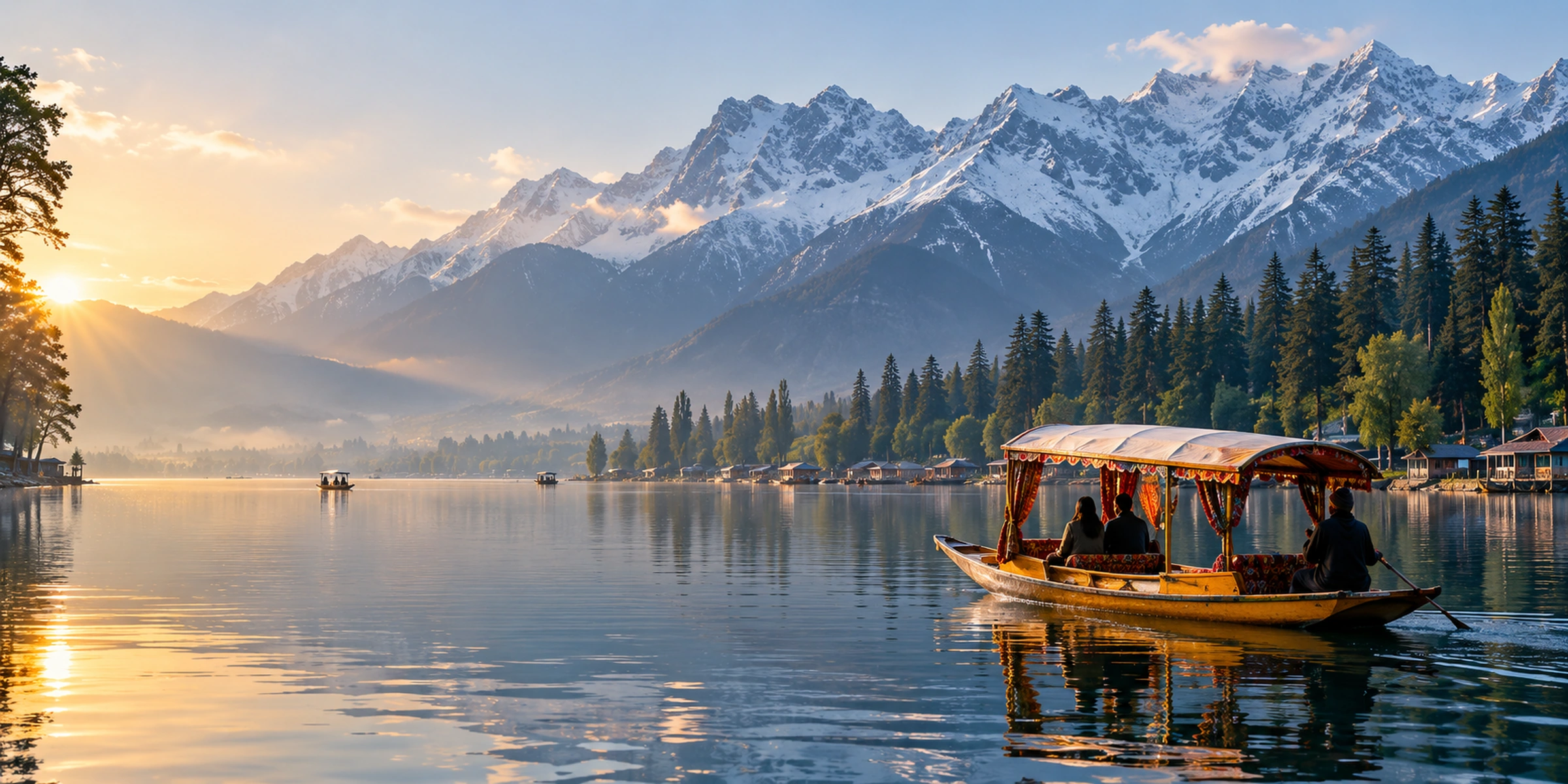 A shikara crossing Dal Lake at sunrise with snow-covered mountains behind