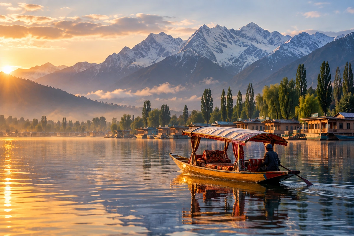 Wooden houseboats moored on Dal Lake below snow-covered mountains