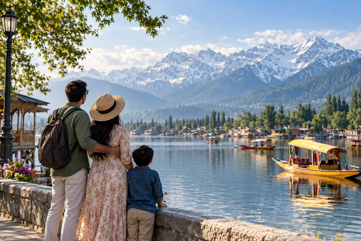 A family looking out over Dal Lake on a clear morning