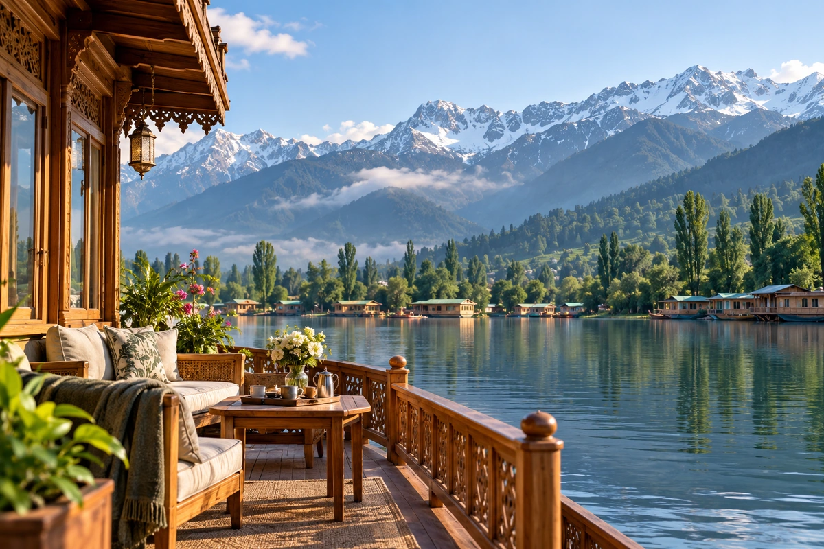 A terrace looking out across a lake to high mountains