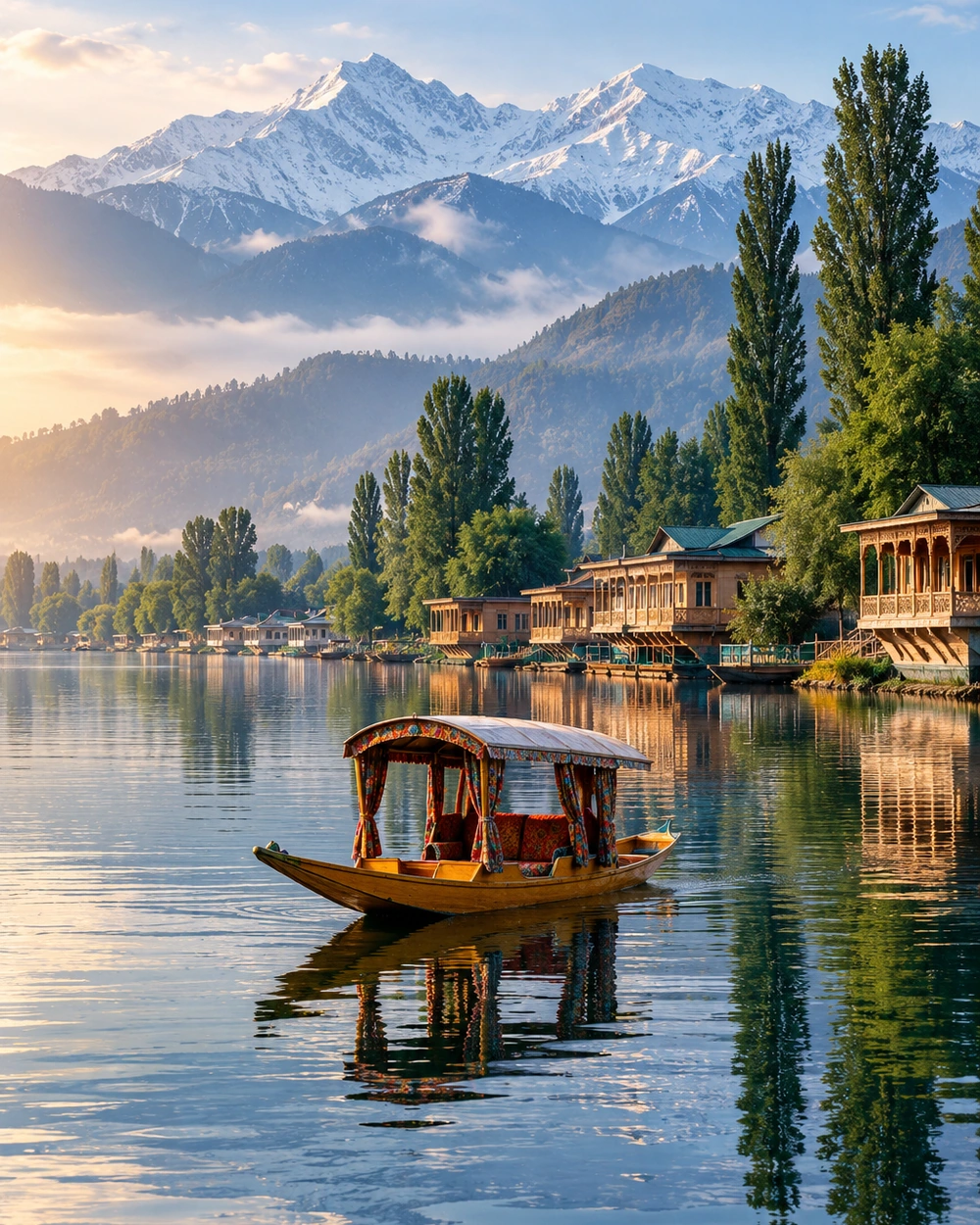 Houseboats and shikaras on the calm water of Dal Lake in Srinagar
