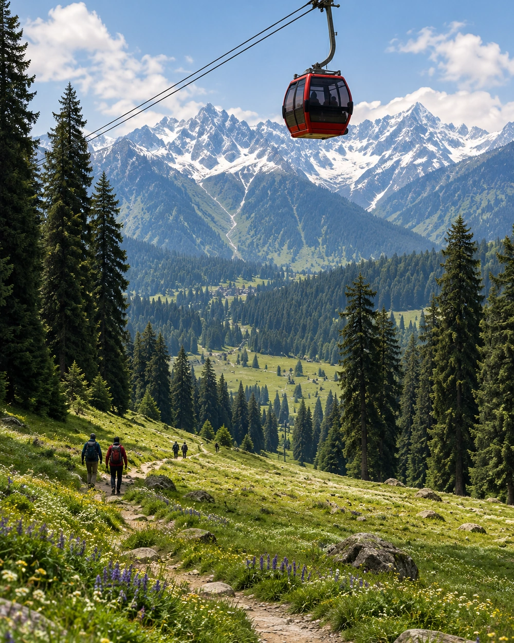 The Gulmarg gondola rising above deep snow and evergreen forest