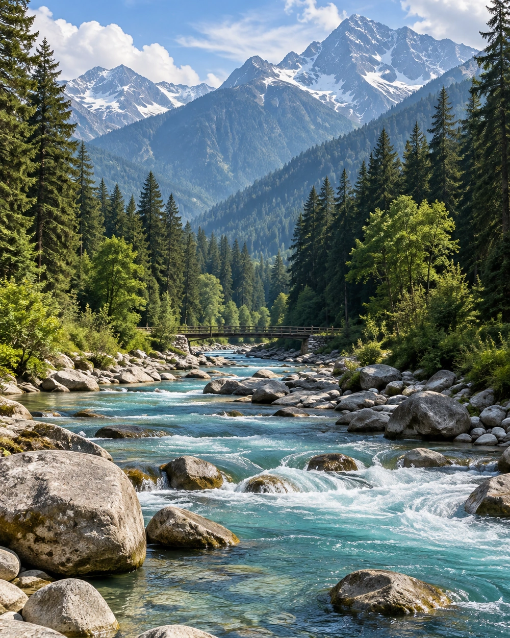 A clear mountain river running through the pine valleys of Pahalgam