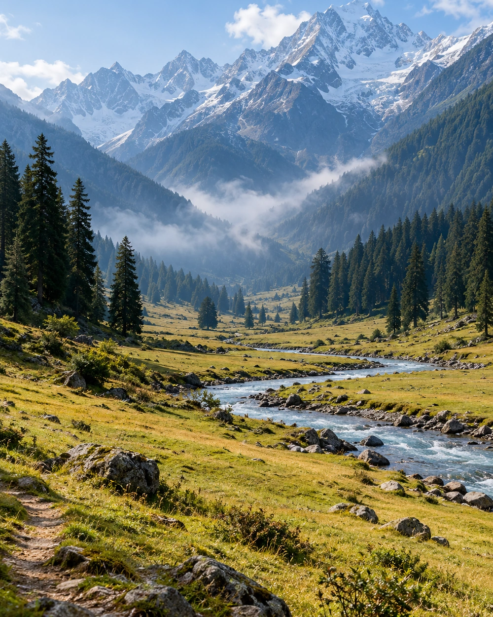 Open alpine meadow below the glaciers and rugged peaks of Sonmarg